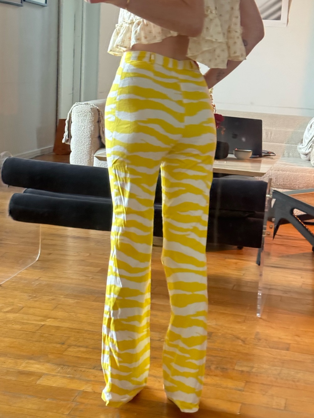 Versace Yellow and White Zebra-Print Boot Cut Pants - Picture 2 of 8
